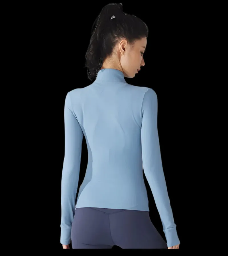 Solid Color Sports Jacket Top Padded Warm Yoga Coat Women Long Sleeves Full Zip Fitness Leisure Define Jacket With Thumb Jack