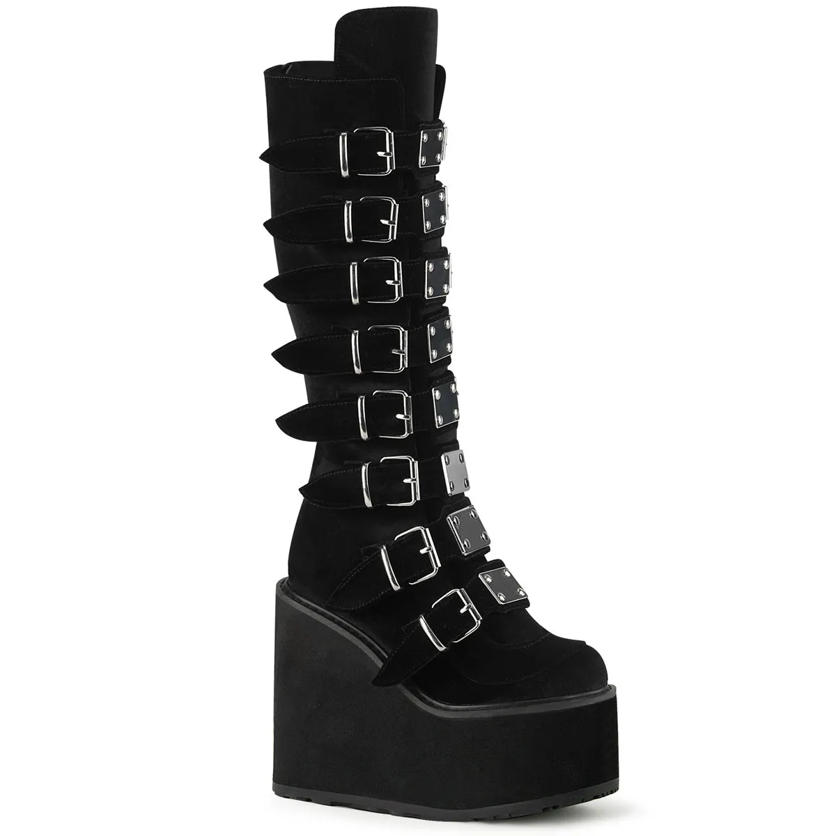 SWING-815 DemoniaCult Black Velvet Sexy Women's Mid-Calf & Knee High Boots (Alternative Footwear)