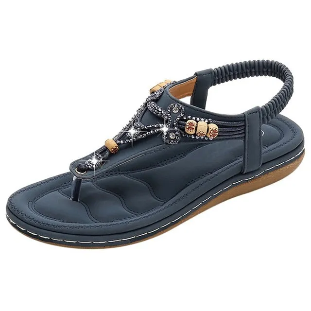 Vanccy Bohemia Women Ladies Fashion Crystal Bead Flat Sandals