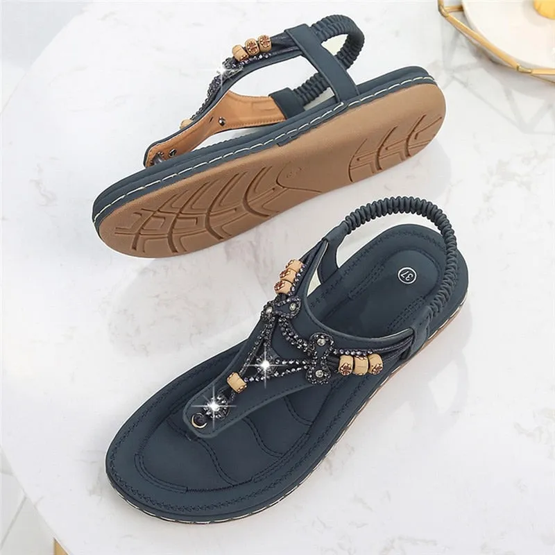 Vanccy Bohemia Women Ladies Fashion Crystal Bead Flat Sandals