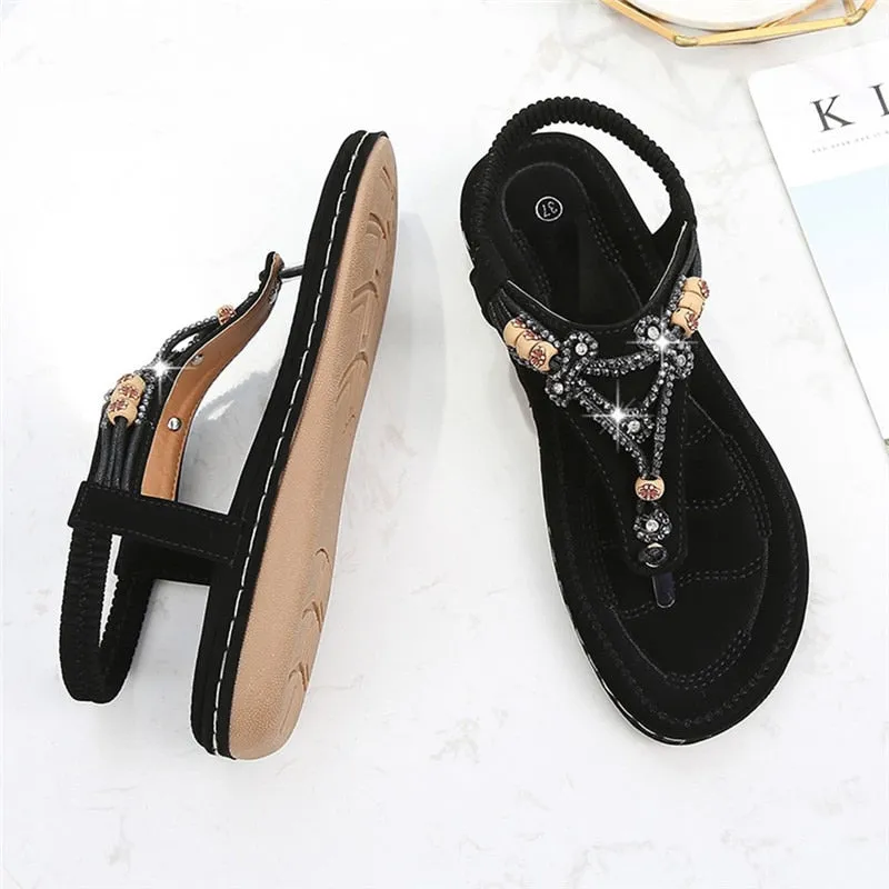 Vanccy Bohemia Women Ladies Fashion Crystal Bead Flat Sandals