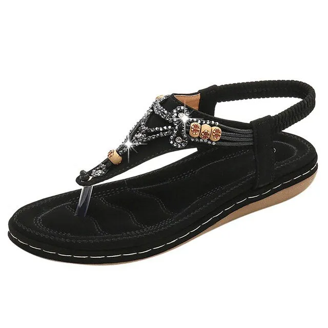 Vanccy Bohemia Women Ladies Fashion Crystal Bead Flat Sandals