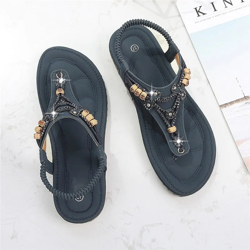 Vanccy Bohemia Women Ladies Fashion Crystal Bead Flat Sandals