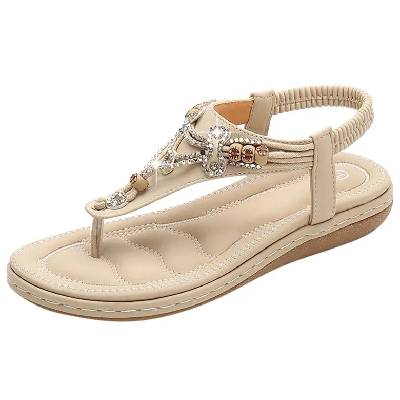 Vanccy Bohemia Women Ladies Fashion Crystal Bead Flat Sandals