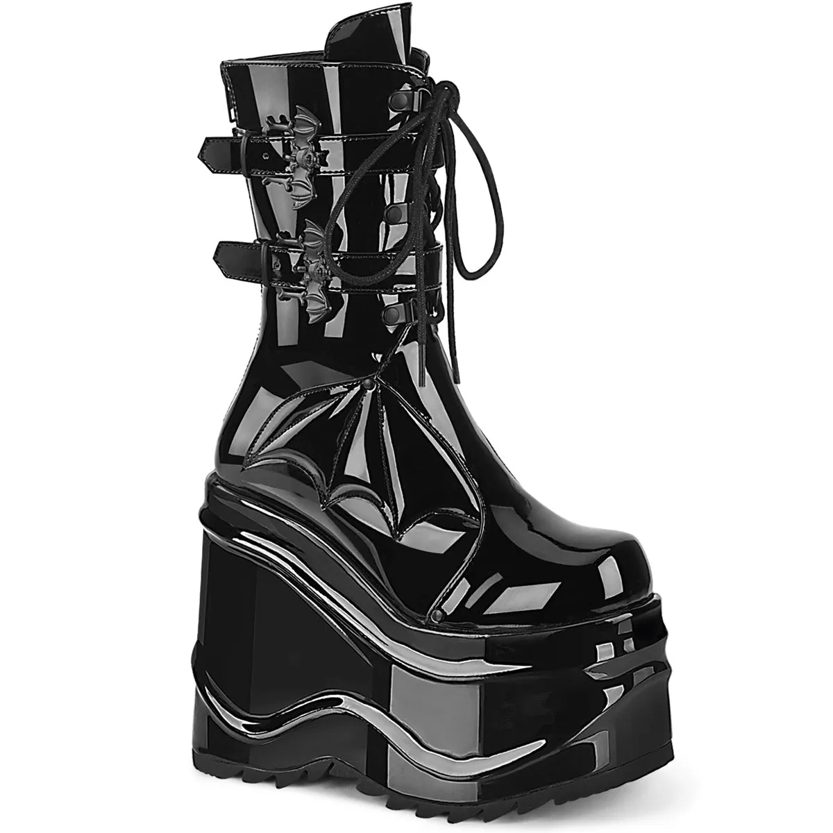 WAVE-150 DemoniaCult Black Patent Sexy Women's Mid-Calf & Knee High Boots (Alternative Footwear)