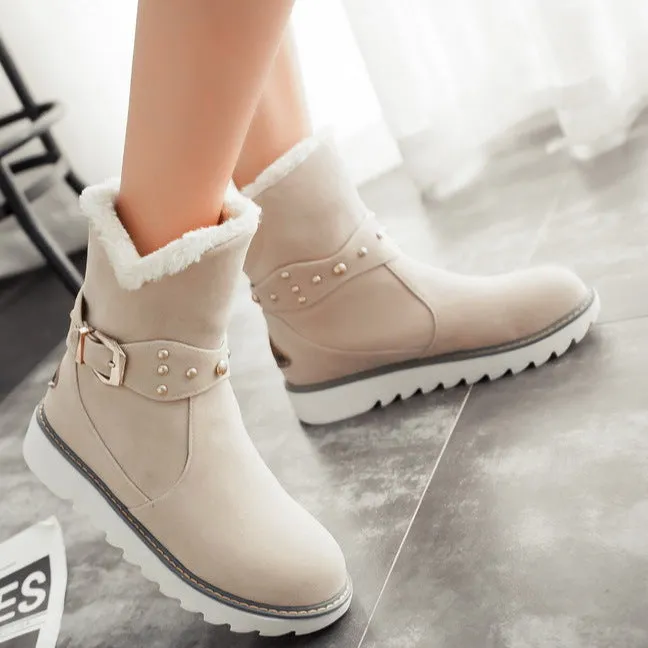 Women's faux fur lining mid calf snow boots with buckle strap